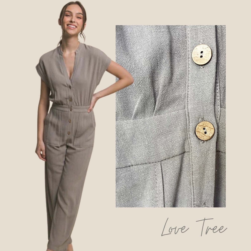 NWT Linen-Blend V-Neck Pocketed Jumpsuit in Greystone (Grey Taupe) – Size Small